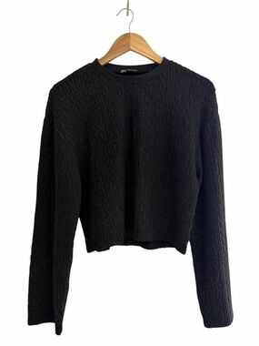 Zara Black Textured Ribbed Crop Top Long Sleeve Lounge Set Small Distressed